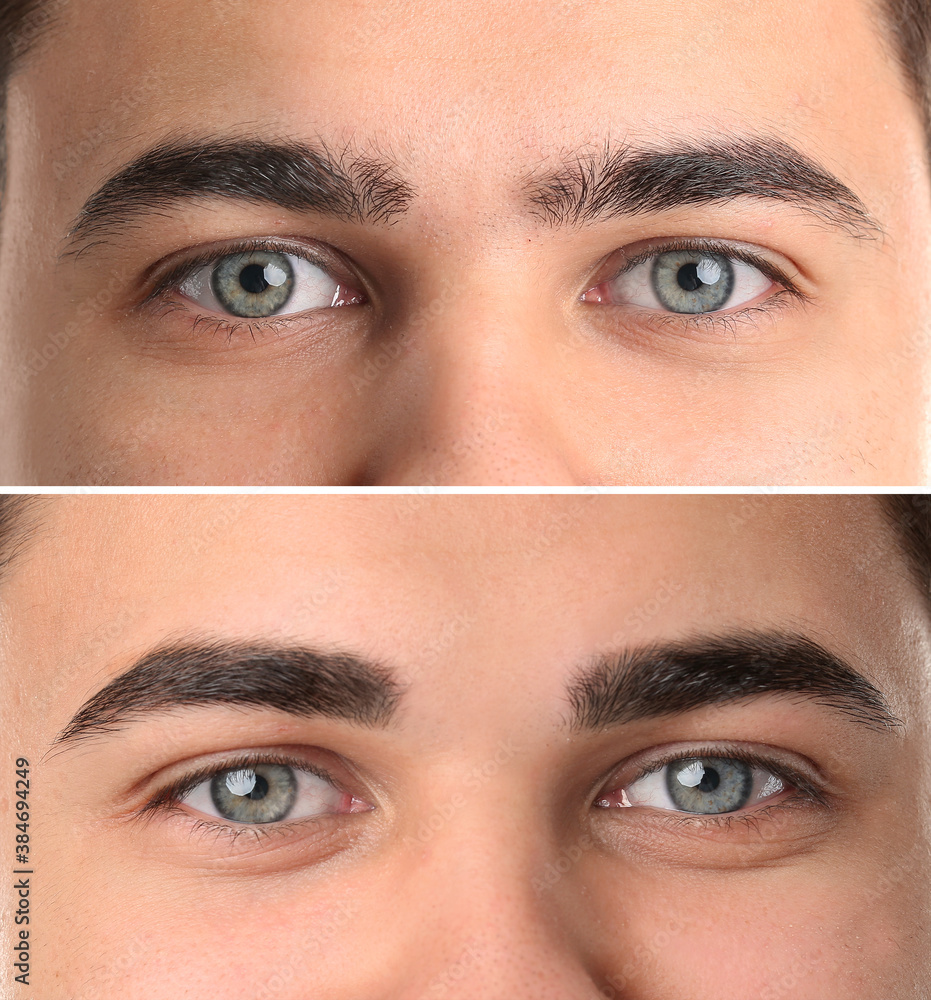 Young man before and after eyebrows correction, closeup