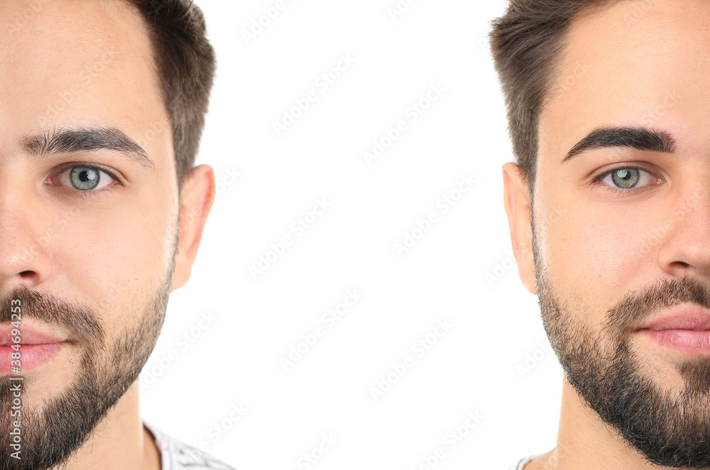 Young man before and after eyebrows correction on white background