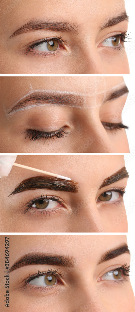Collage with young woman undergoing eyebrow correction procedure, closeup
