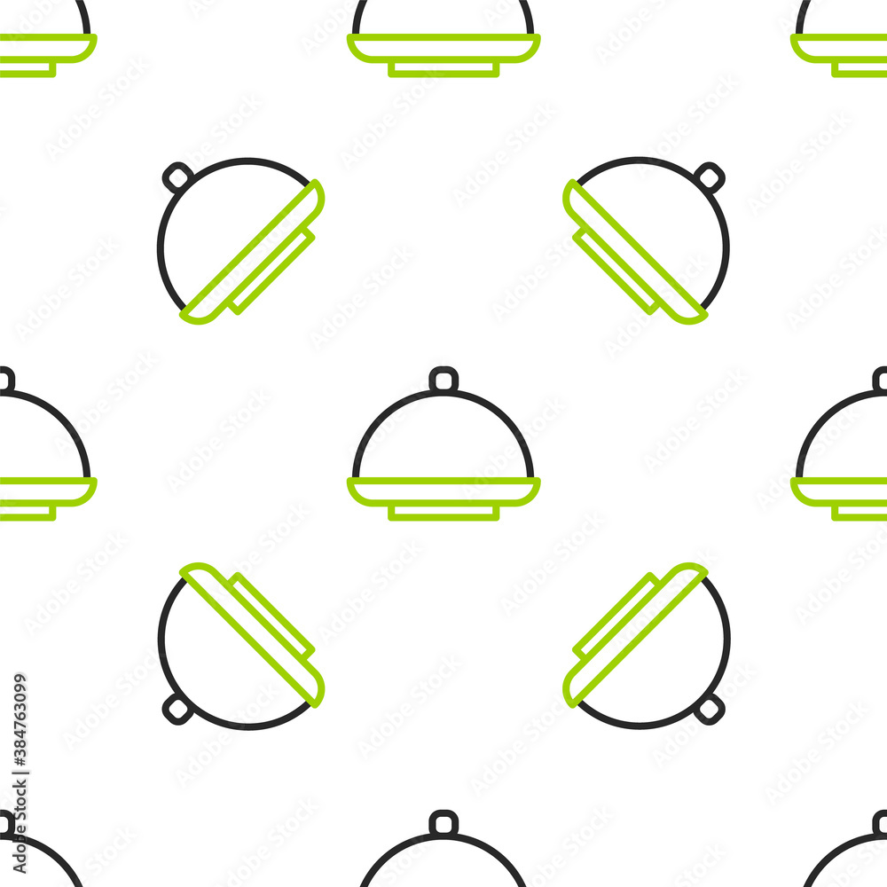 白色背景上覆盖着一托盘食物图标的隔离无缝图案。托盘和盖子si