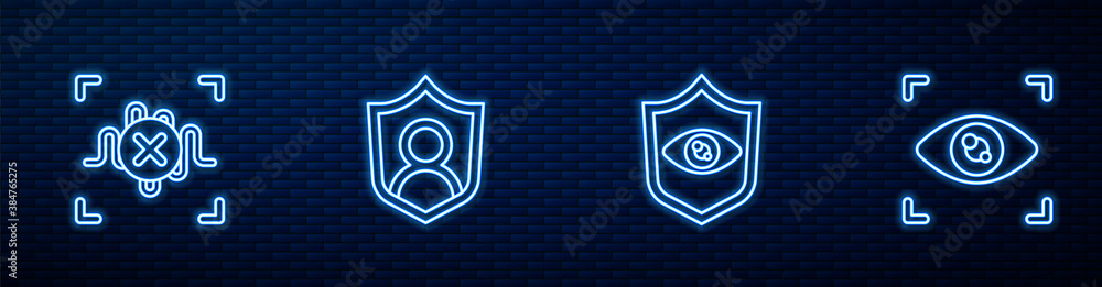 Set line Shield eye scan, Rejection voice recognition, User protection and Eye. Glowing neon icon on