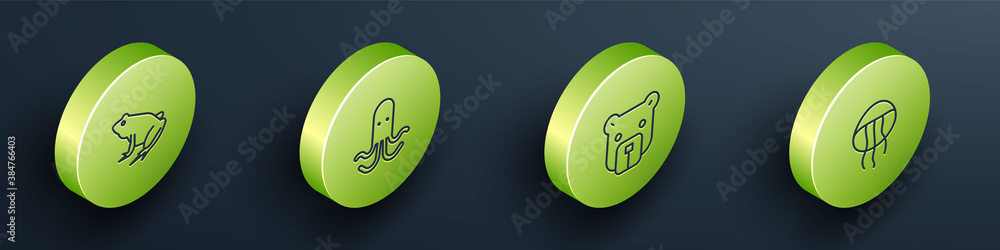 Set Isometric Frog, Octopus, Bear head and Jellyfish icon. Vector.