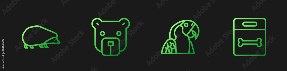 Set line Macaw parrot, Hedgehog, Bear head and Dog bone. Gradient color icons. Vector.