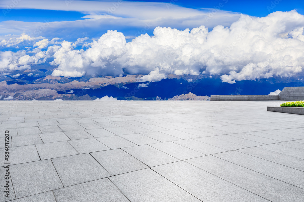 Empty square floor and mountain with sky clouds landscape.