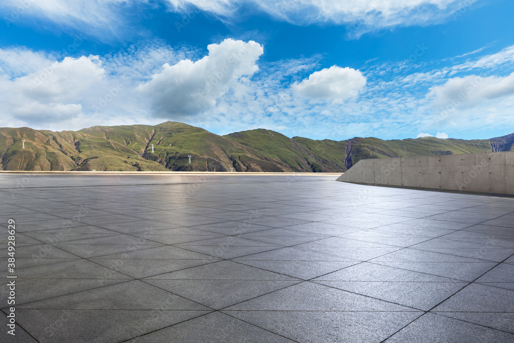 Empty square floor and mountain with sky clouds landscape.