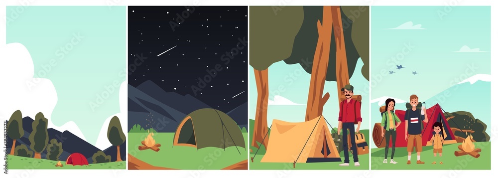 Set of family campfire picnic with tent, flat cartoon vector illustration