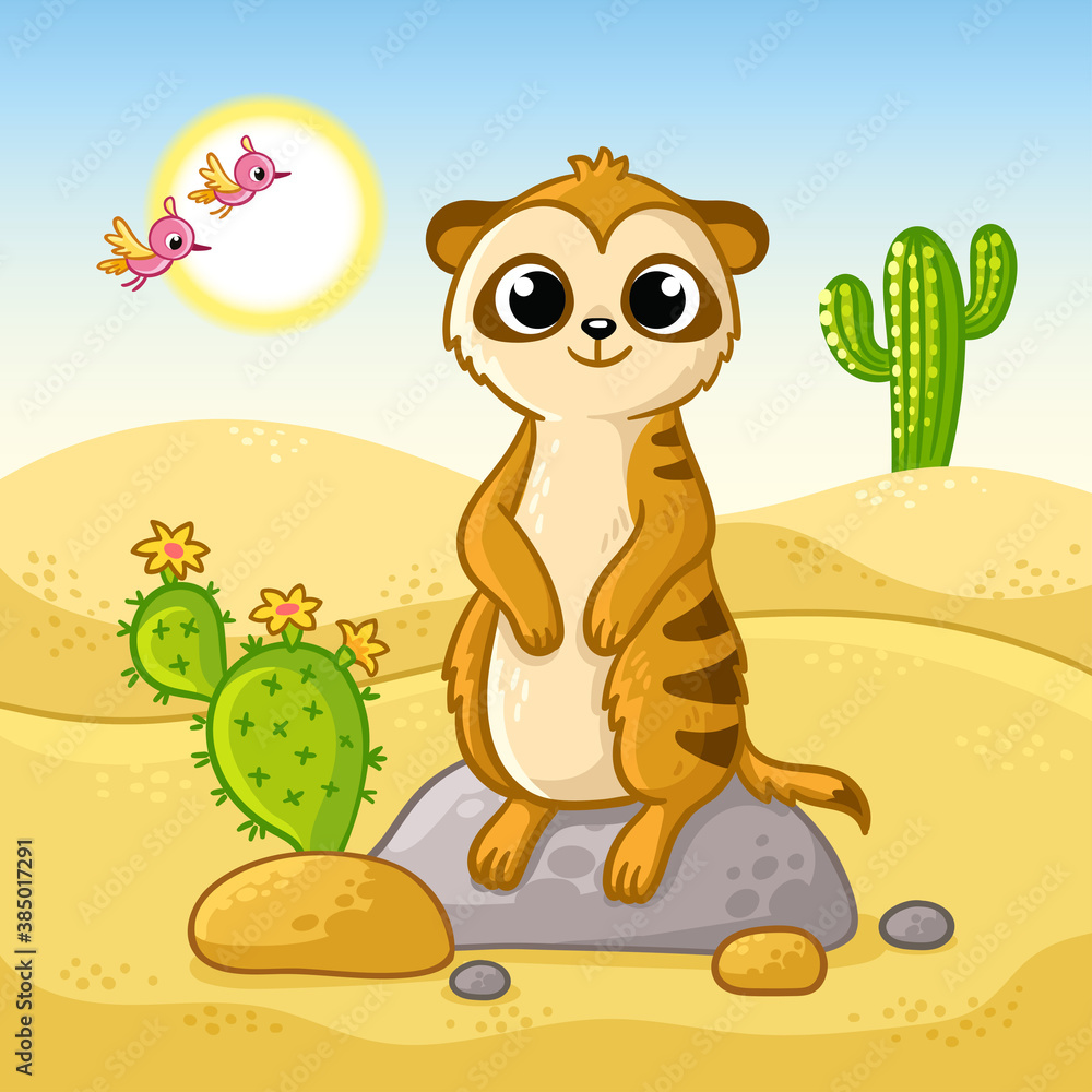 Cute meerkat stands on a stone in the desert among cacti and sand. Vector illustration with animal