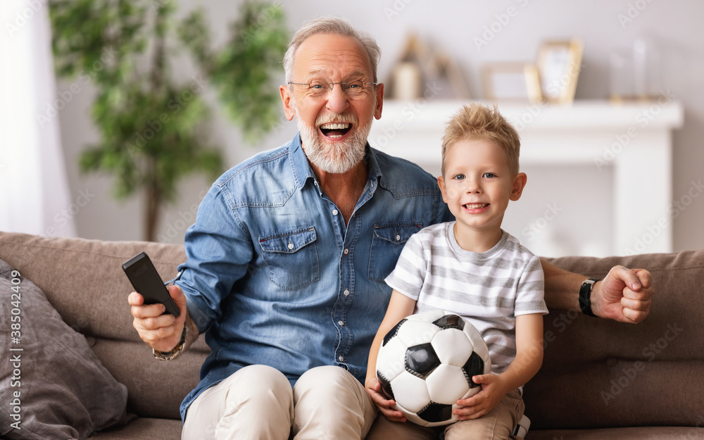 兴奋的爷爷和孙子在电视上看足球比赛。