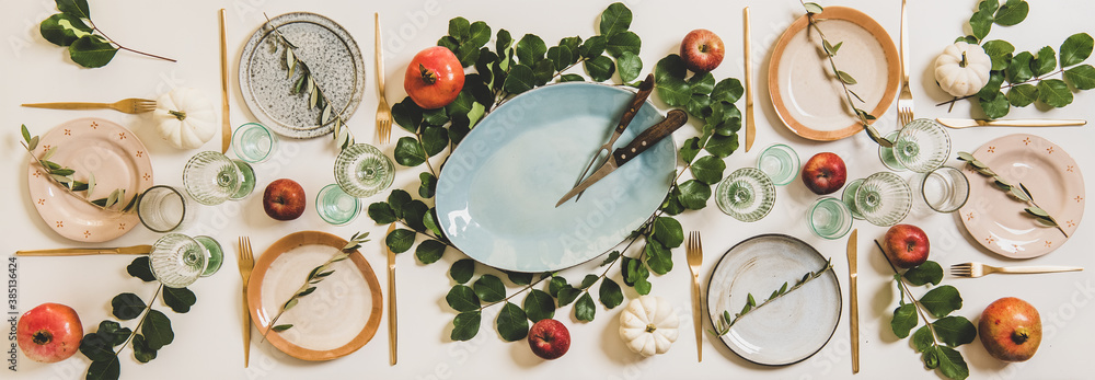 Autumn Thanksgiving, Friendsgiving, family gathering dinner table setting. Flat-lay of Fall table wi