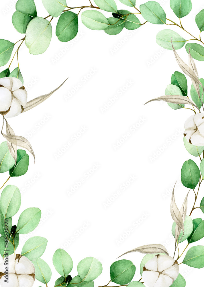 watercolor rectangular frame with eucalyptus leaves and cotton flowers. autumn decor of green eucaly