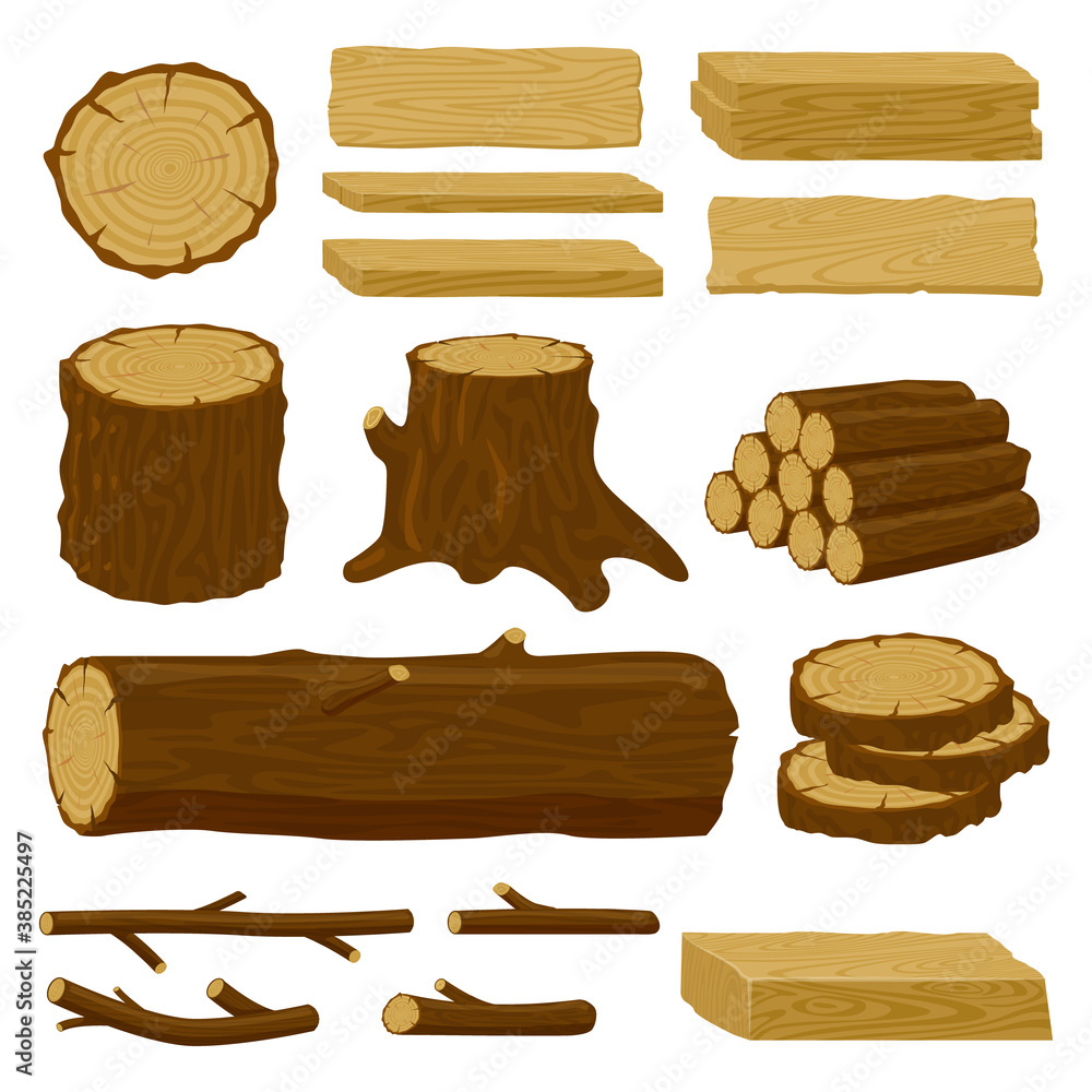 Wood trunks. Tree lumber, wood logs, logging twigs and wooden planks, stacked firewood material isol