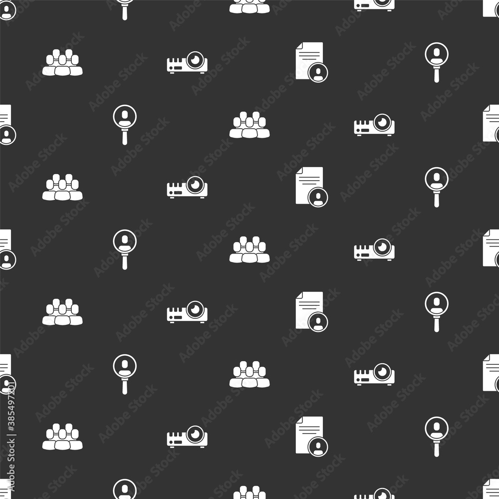 Set Resume, Search a people, Project team base and Media projector on seamless pattern. Vector.