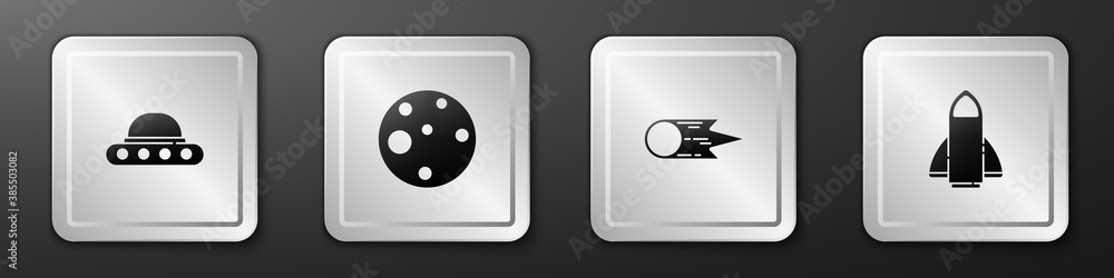 Set UFO flying spaceship, Planet Mars, Comet falling down fast and Rocket icon. Silver square button