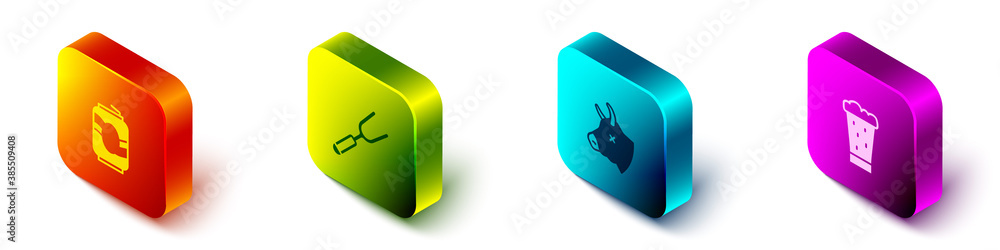 Set Isometric Soda can, Barbecue fork, Cow head and Glass of beer icon. Vector.