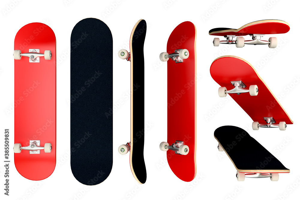 skateboard red color, plain and blank deck. Set of isolated object in different angle, mock up templ
