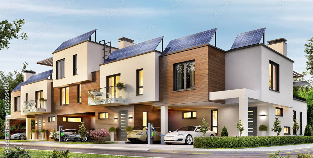 屋顶安装太阳能电池板和电动汽车的现代联排别墅