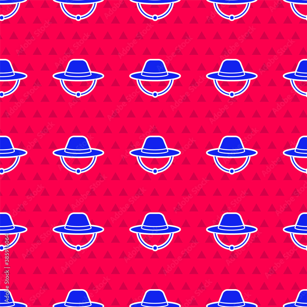 Blue Camping hat icon isolated seamless pattern on red background. Beach hat panama. Explorer travel