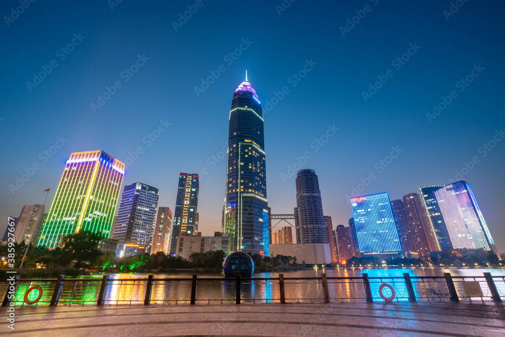 Modern city high-rise buildings, night view of Shaoxing Central Business District, China.