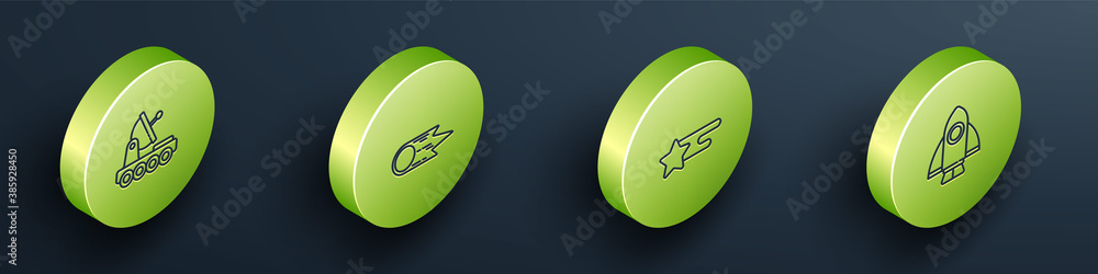Set Isometric line Mars rover, Comet falling down fast, Falling star and Rocket ship icon. Vector.