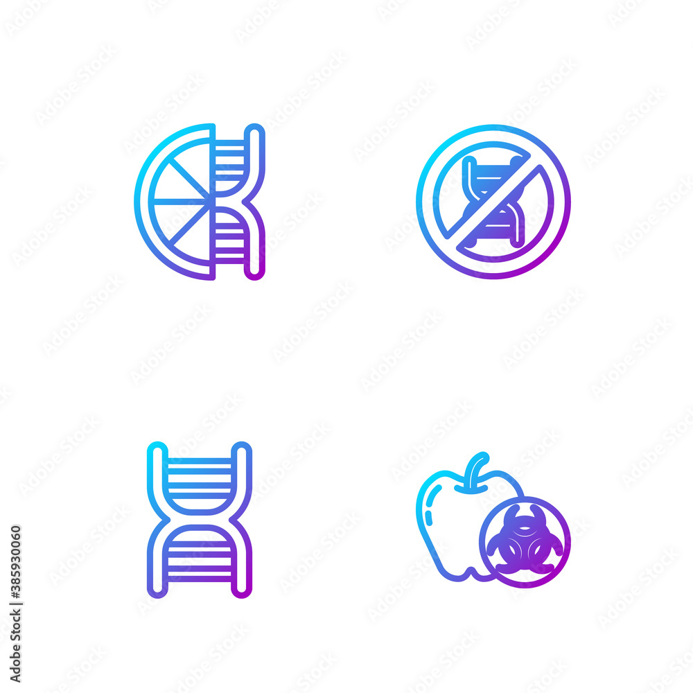 Set line Genetically modified apple, DNA symbol, orange and Stop GMO. Gradient color icons. Vector.