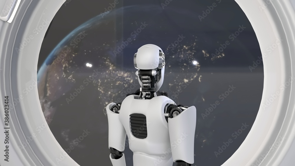 Futuristic robot, artificial intelligence CGI inside spaceship in space universe overlooking planet 