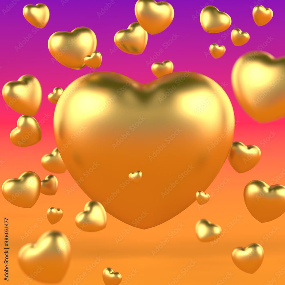 Golden Hearts. 3D rendering on Color Background