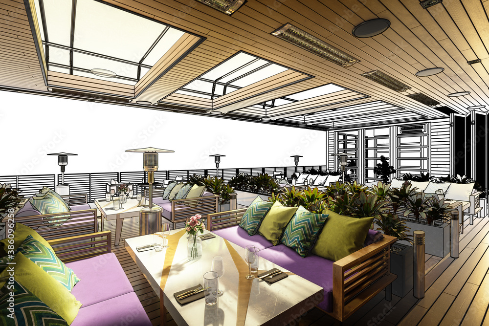 Terrace Restaurant Area Inside a Subropical Resort (project) - 3d architectural visualization