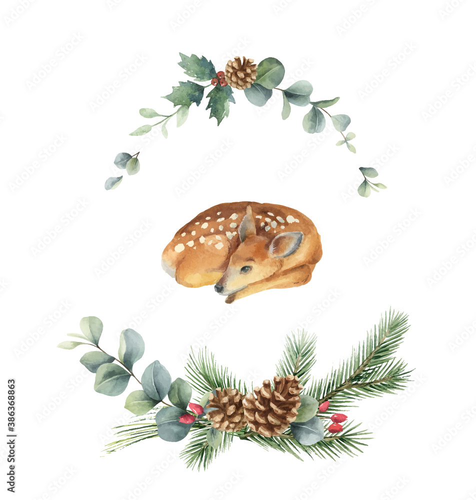 Watercolor vector Christmas wreath with fir branches and fawn.