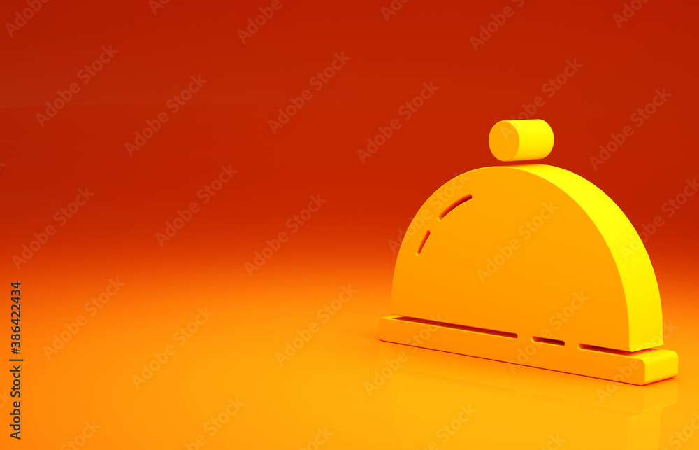 Yellow Covered with a tray of food icon isolated on orange background. Tray and lid sign. Restaurant