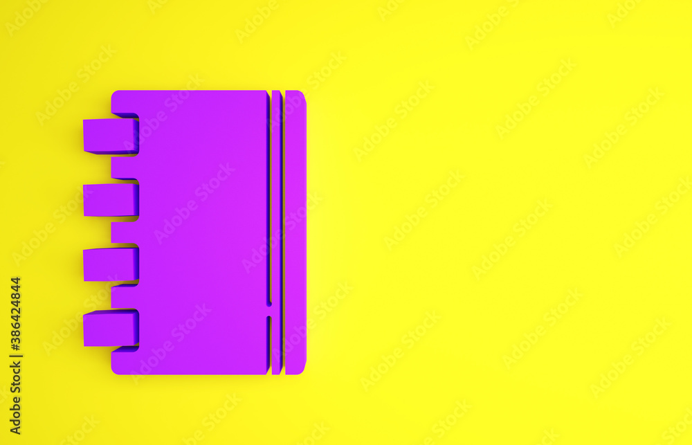 黄色背景上隔离的紫色笔记本图标。螺旋笔记本图标。学校笔记本。书写pa