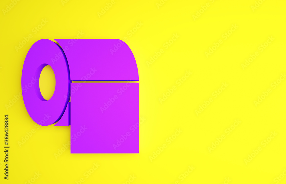 Purple Toilet paper roll icon isolated on yellow background. Minimalism concept. 3d illustration 3D 