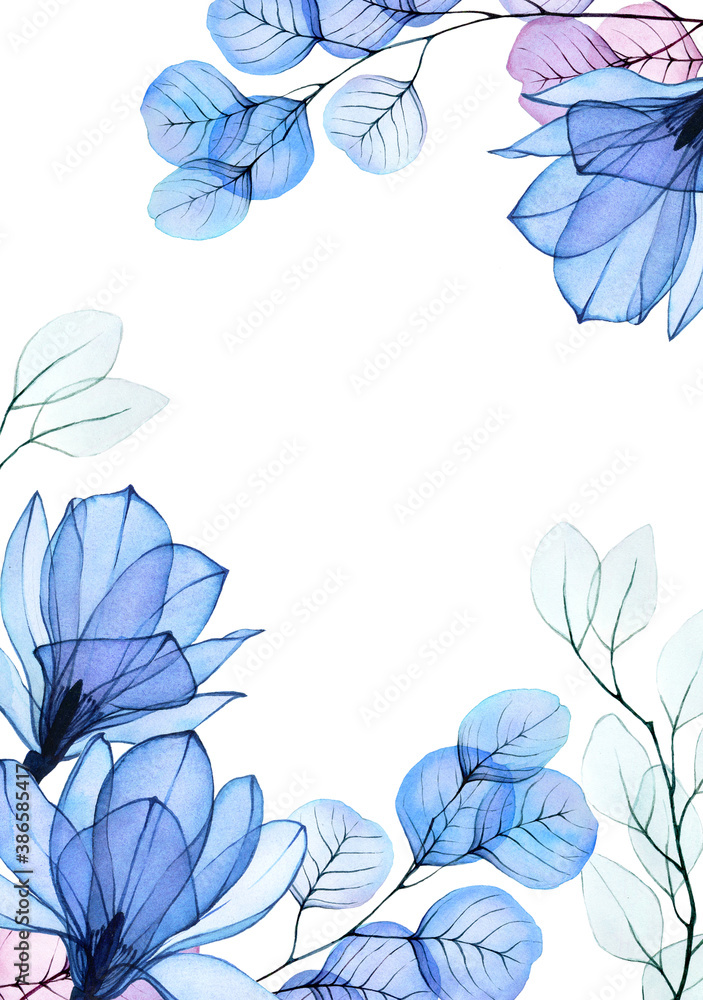 watercolor frame with transparent magnolia flowers and eucalyptus leaves, x-ray. transparent blue an