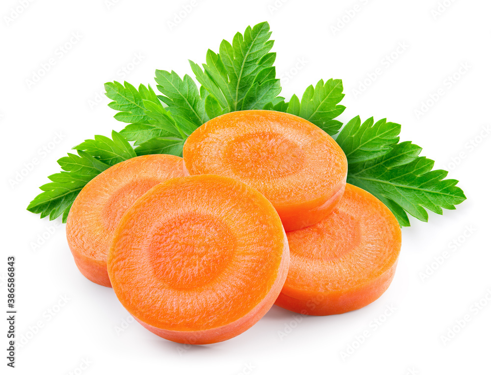 Carrot slices. Carrot slice, parsley isolate. Vegetable with herbs. Carrots, parsley on white backgr