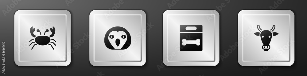 Set Crab, Owl bird, Dog bone and Cow head icon. Silver square button. Vector.