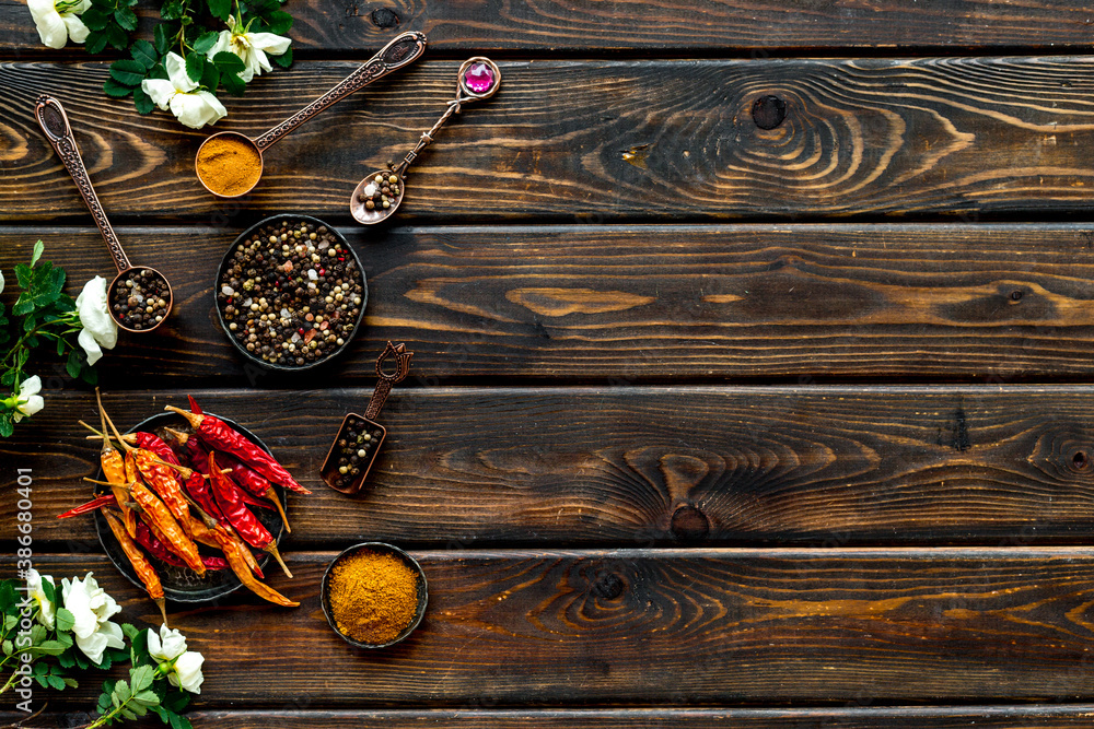 Layout of mixed hot spices and herbs, top view
