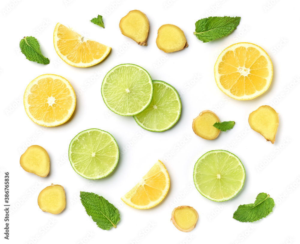 lime and lemon slices on white background