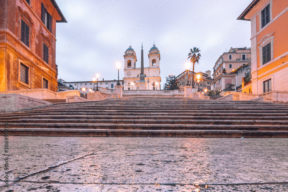 Italy Rome the Spanish stairs in the morning people empty and beautiful surroundings with old houses