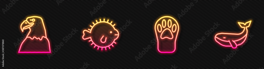 Set line Paw print, Eagle head, Puffer fish and Whale. Glowing neon icon. Vector.