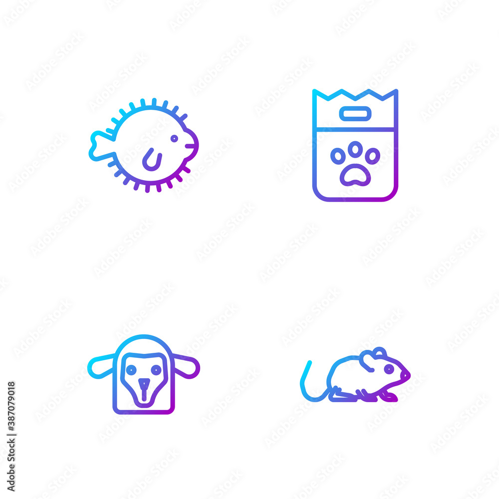 Set line Rat, Sheep head, Puffer fish and Bag of food. Gradient color icons. Vector.