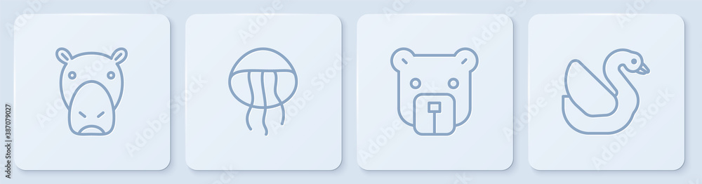 Set line Hippo or Hippopotamus, Bear head, Jellyfish and Swan bird. White square button. Vector.