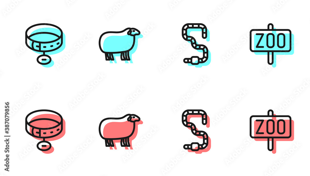 Set line Worm, Collar with name tag, Sheep and Zoo park icon. Vector.