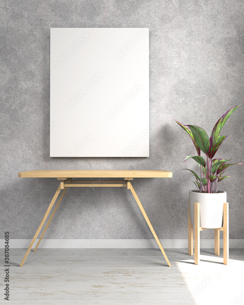 blank frame on the wall with plant, 3d illustration
