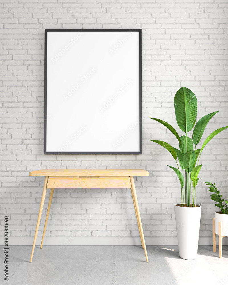 blank frame on the wall with plant, 3d illustration