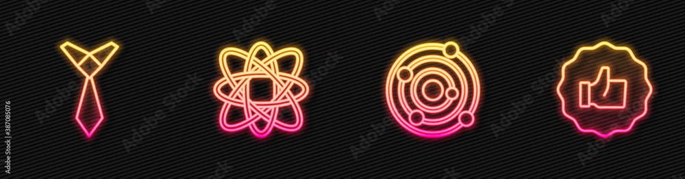 Set line Solar system, Tie, Atom and Hand thumb up. Glowing neon icon. Vector.