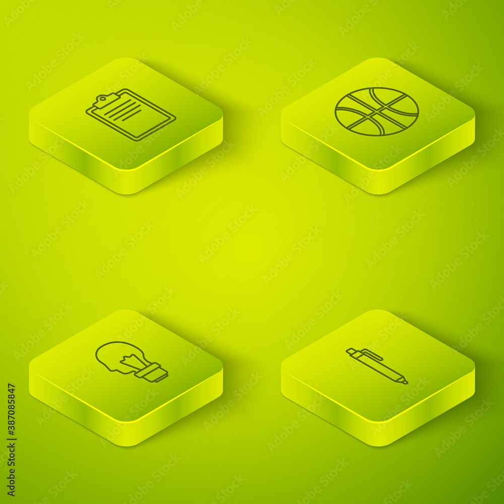 Set Isometric Basketball ball, Light bulb with concept of idea, Pen and Clipboard checklist icon. Ve