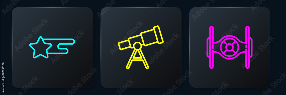 Set line Falling star, Cosmic ship and Telescope. Black square button. Vector.
