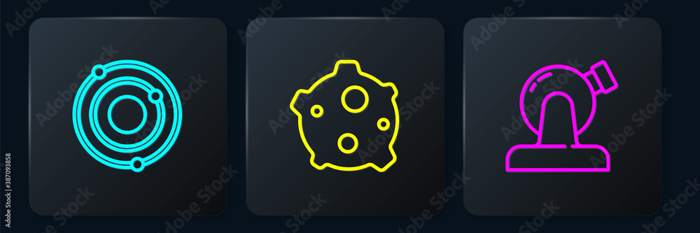 Set line Solar system, Astronomical observatory and Asteroid. Black square button. Vector.