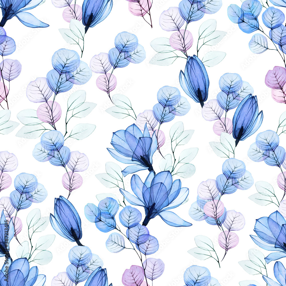 白色背景上有透明蓝色花朵的无缝水彩图案。木兰花，e