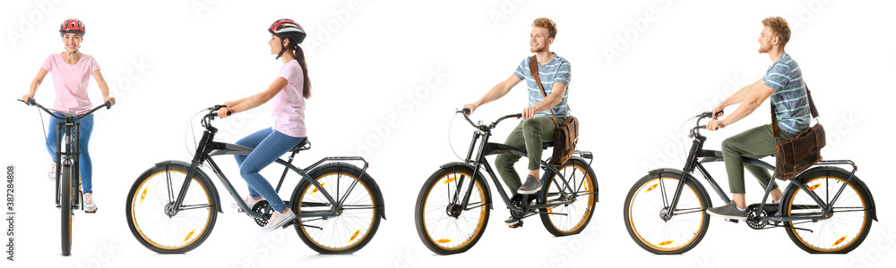 运动型年轻人在白色背景下骑自行车