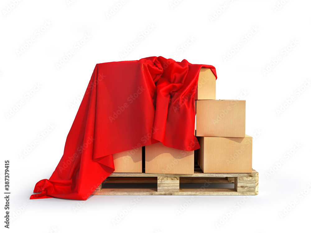纸板箱覆盖红色织物，3d插图